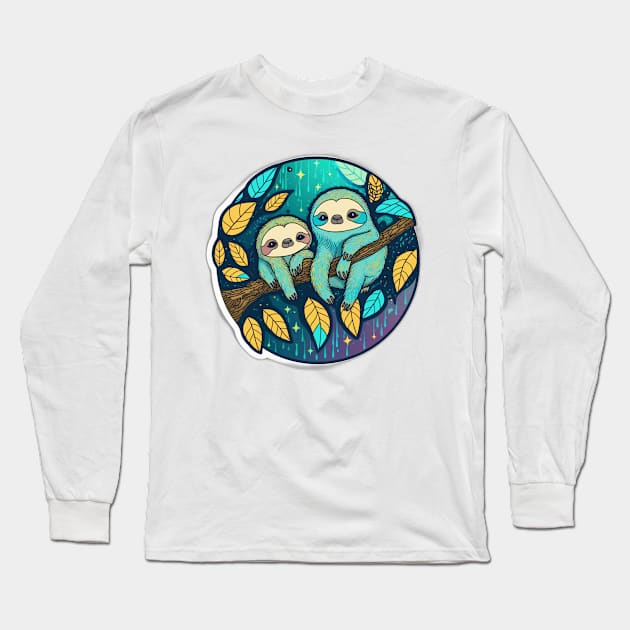 Cool Blue Sloths Hanging in Tree Long Sleeve T-Shirt by Remix Rick